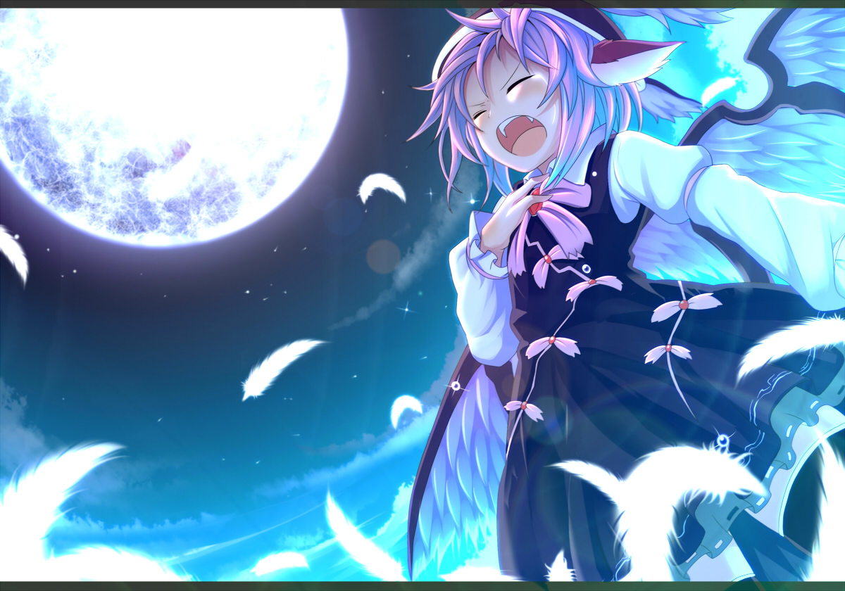 animal_ears, dress, feathers, moon, mystia_lorelei, tamahana, touhou, wings