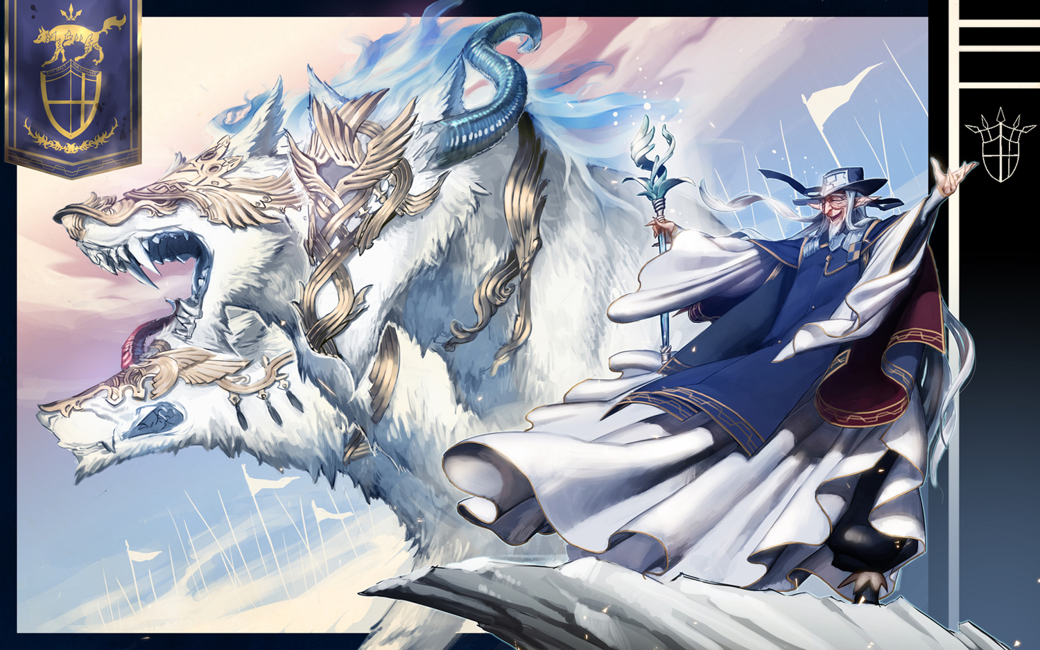 all_male, animal, hat, long_hair, male, ooshima, original, pixiv_fantasia, pointed_ears, staff, white_hair, wolf