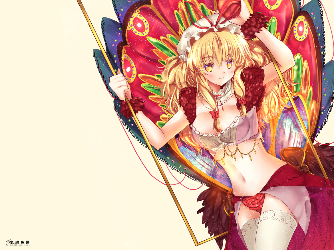 blonde_hair, blush, breasts, cleavage, hat, heco_(mama), long_hair, thighhighs, touhou, yakumo_yukari, yellow_eyes