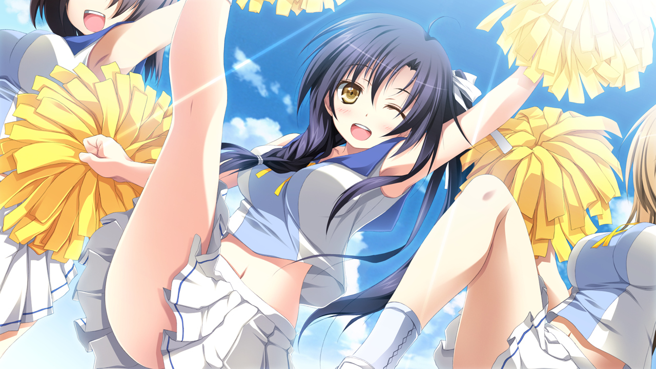 black_hair, cheerleader, game_cg, mizuki_runa, navel, purple_software, shiawase_kazokubu, skirt, wink, yuuki_makoto