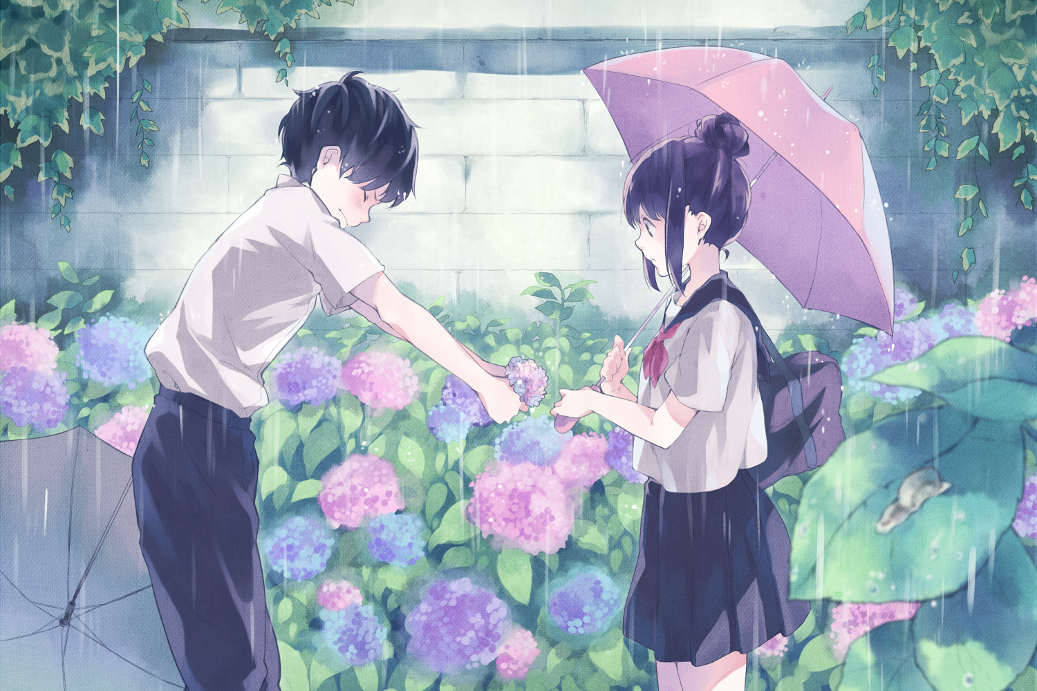 black_hair, blush, buuta, flowers, original, rain, school_uniform, short_hair, umbrella, water, wet