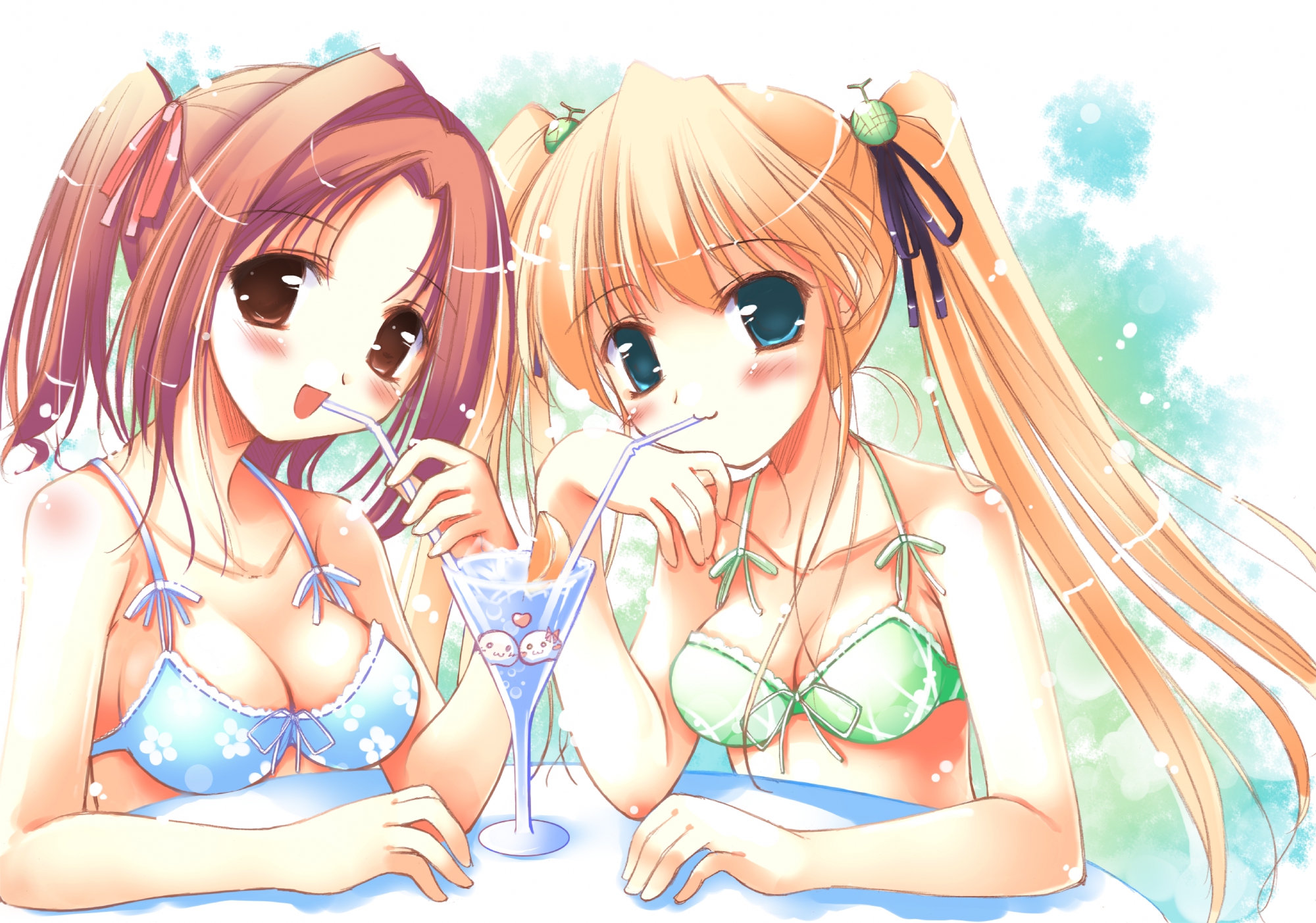 bikini, blush, breasts, cat_smile, cleavage, drink, happiness, hiiragi_anri