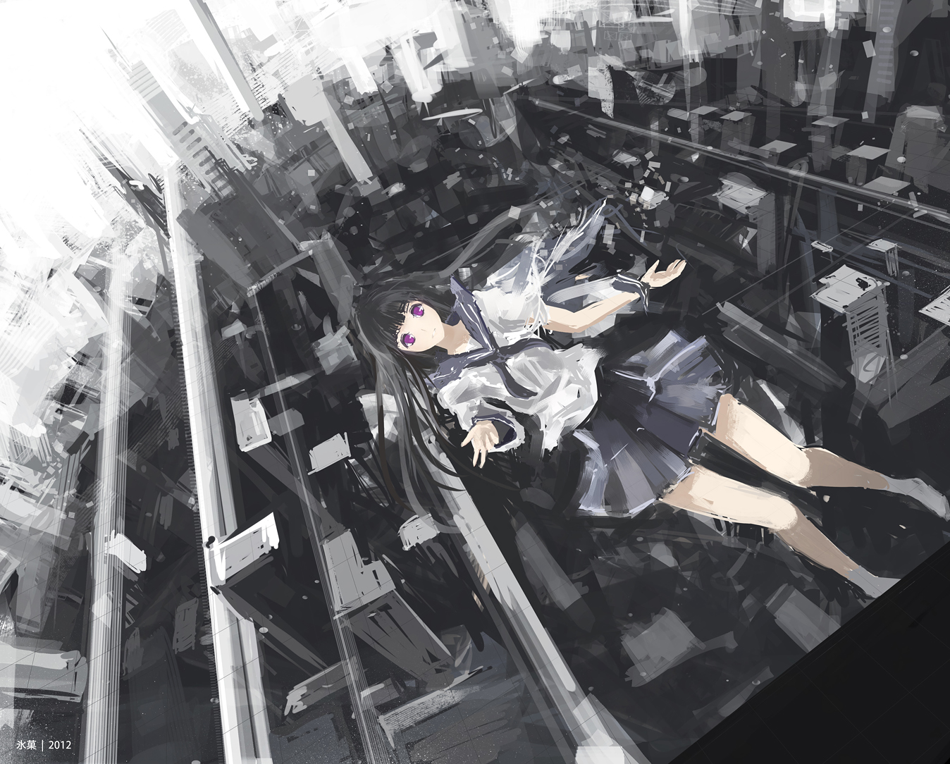 arufa_(hourai-sugar), black_hair, building, chitanda_eru, city, hyouka, purple_eyes, school_uniform