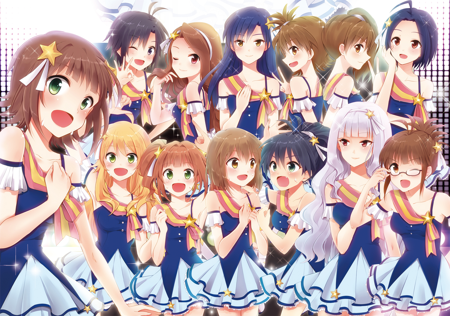 akizuki_ritsuko, amami_haruka, blonde_hair, brown_hair, futami_ami, futami_mami, ganaha_hibiki, green_eyes, group, hagiwara_yukiho, hoshii_miki, idolmaster, kisaragi_chihaya, long_hair, minase_iori, miura_azusa, pu_uq, red_eyes, shijou_takane, takatsuki_yayoi, twins, white_hair