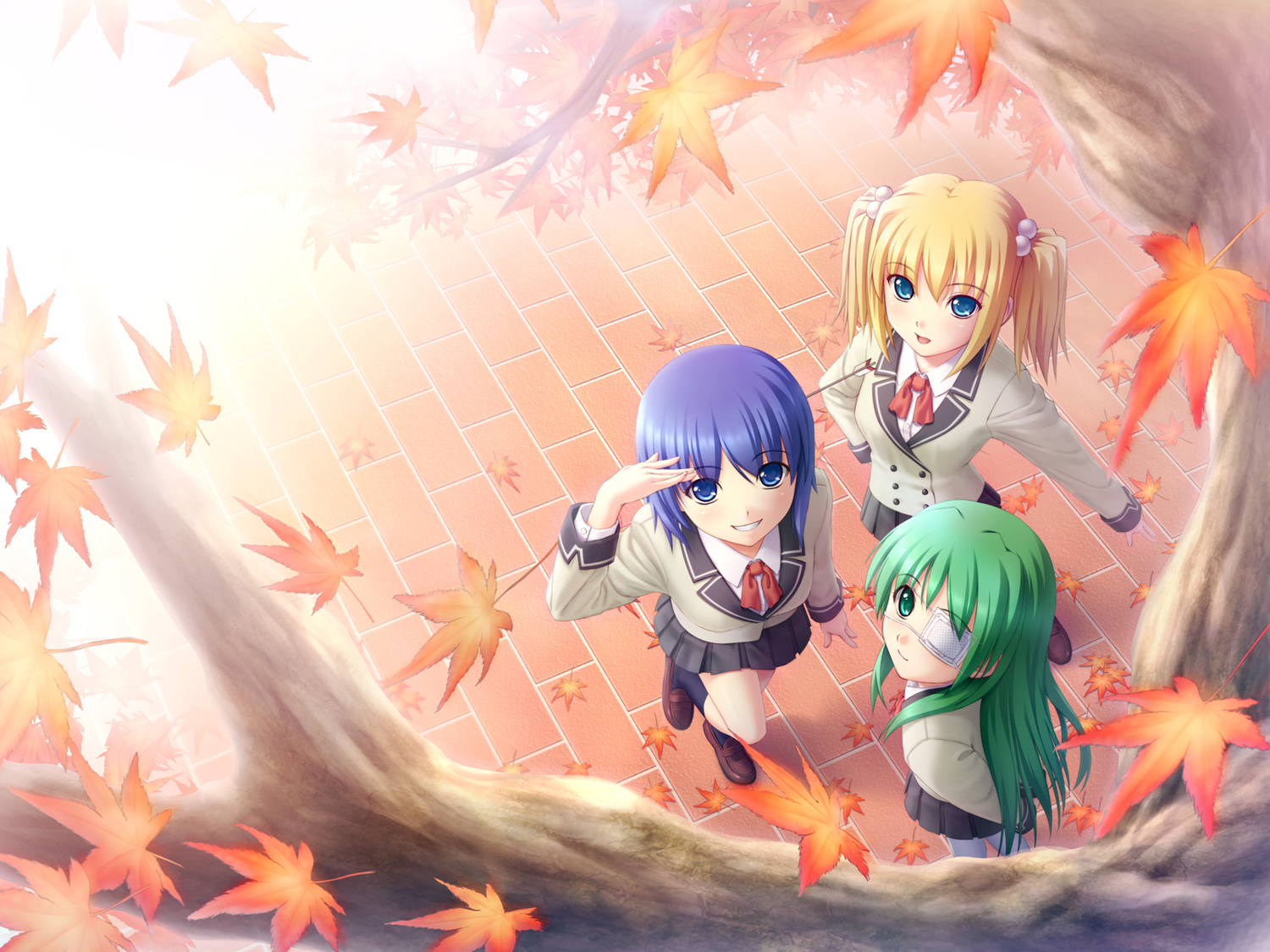 400, blue_eyes, blue_hair, eyepatch, green_eyes, green_hair, hoshino_yachiho, itoi_kaede, narahara_kei, noberuge, petals, school_uniform, short_hair, skirt, tree, twintails