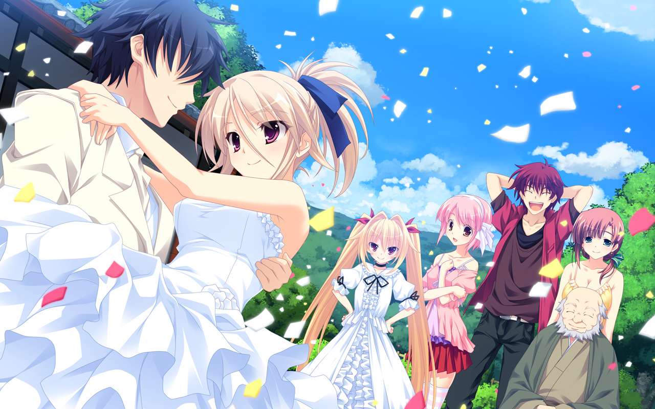 blonde_hair, game_cg, kasugai_sakura_(zutto_tsukushite_ageru_no!), kikurage, kousaka_otohime, minami_wakana, peassoft, tagme_(artist), wedding_attire, yagihara_kazuki, yagihara_nanami, zutto_tsukushite_ageru_no!