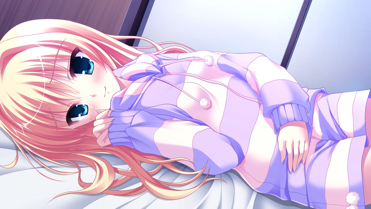 blonde_hair, blue_eyes, chimaro, game_cg, hood, kisaragi_gold_star, nitta_ichika, pajamas, saga_planets