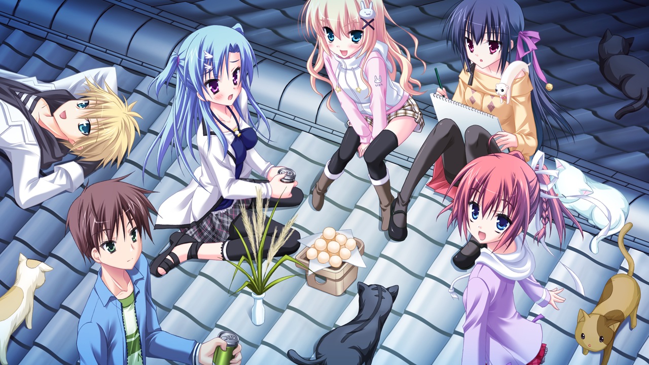 animal, blonde_hair, blue_eyes, cat, endou_saya, fujimaru_mikoto, game_cg, group