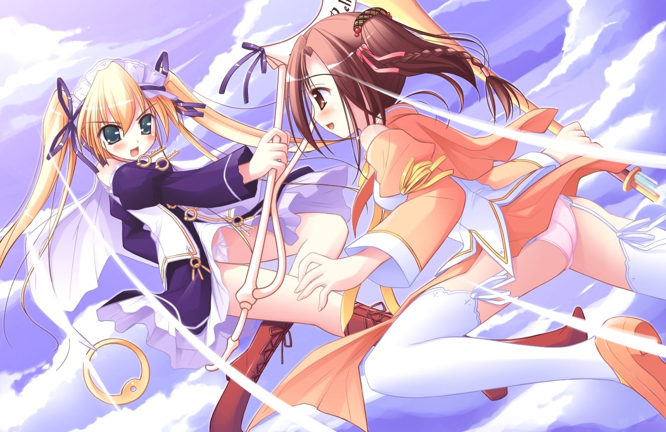 boots, clouds, happiness, hiiragi_anri, kamisaka_haruhi, ko~cha, panties, thighhighs