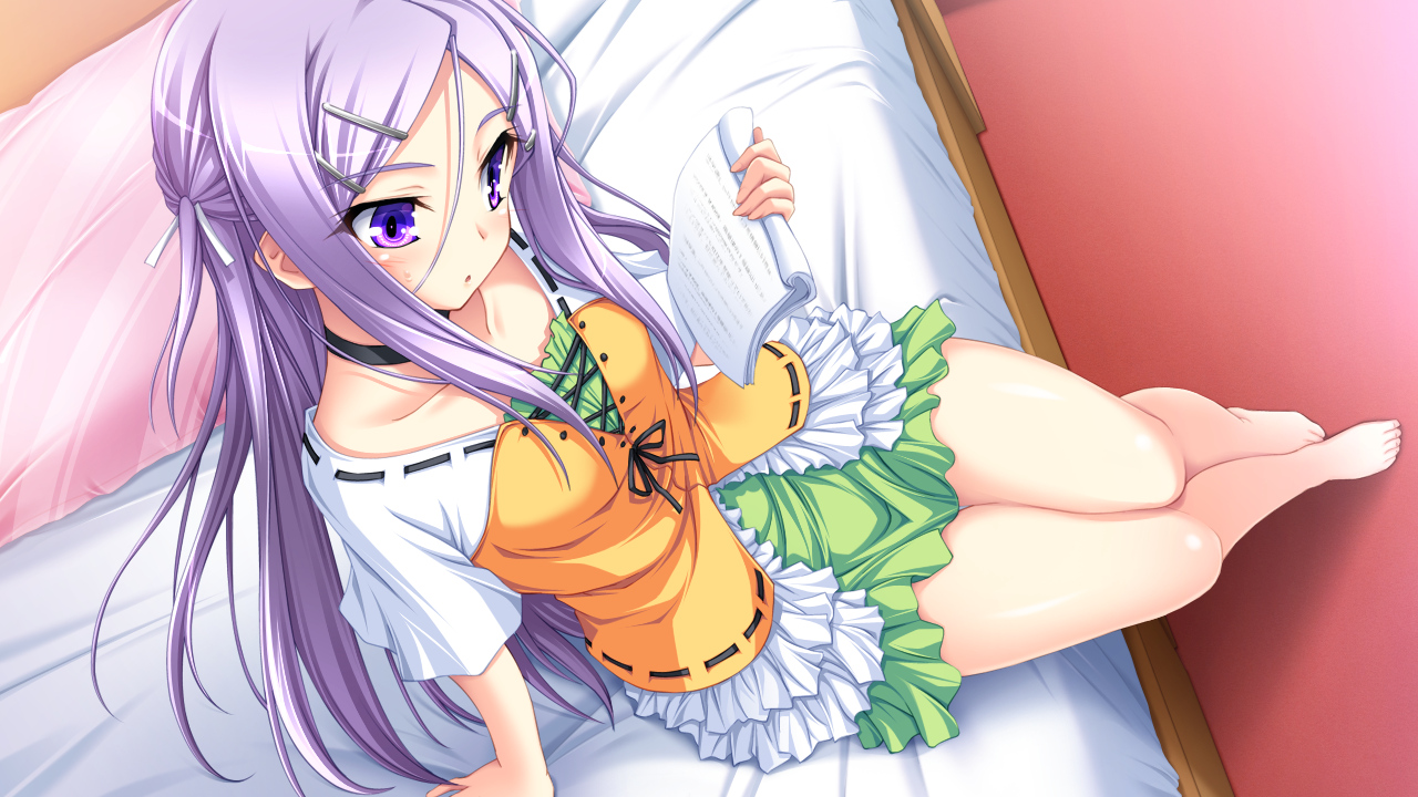amou_mikage, barefoot, bed, blush, game_cg, kikurage, long_hair, purple_eyes, purple_hair, purple_software, shiawase_kazokubu