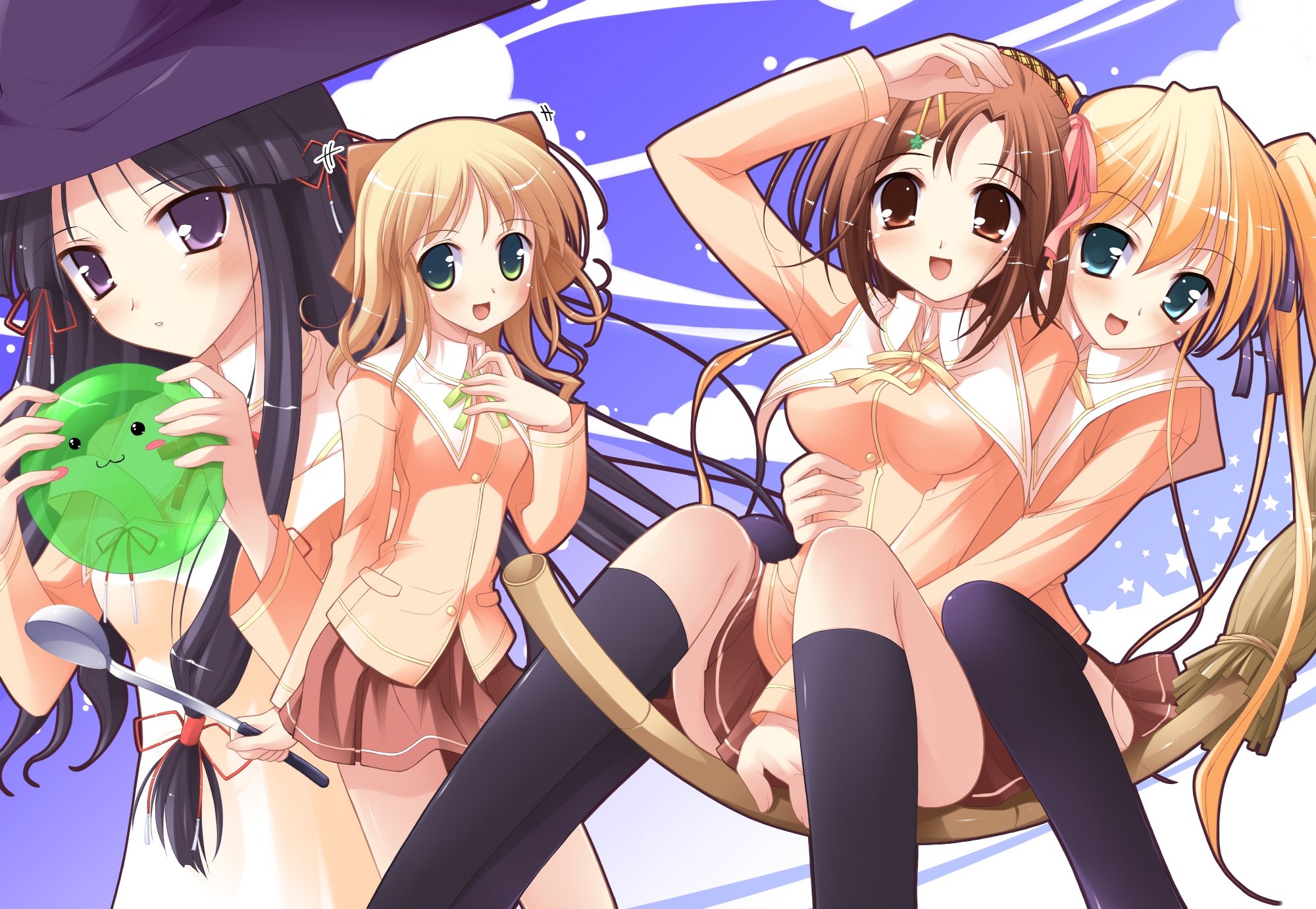 blonde_hair, green_eyes, happiness, hat, hiiragi_anri, kamisaka_haruhi, ko~cha, kohinata_sumomo, school_uniform, takamine_koyuki, thighhighs