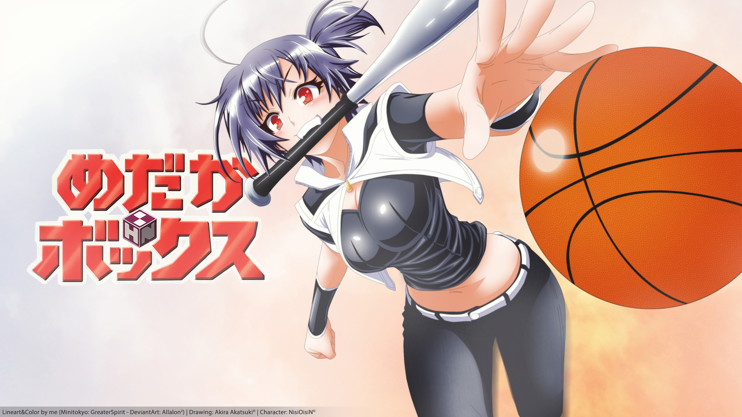allalon, ball, baseball_bat, basketball, blue_eyes, fang, kurokami_medaka, logo