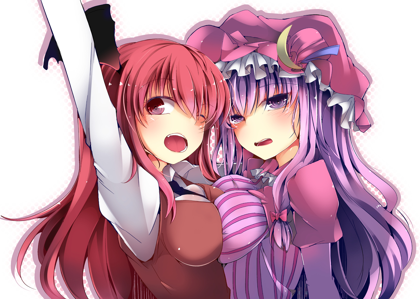 bow, demon, hat, jyuuji, koakuma, long_hair, patchouli_knowledge, purple_eyes, purple_hair, red_eyes, red_hair, touhou