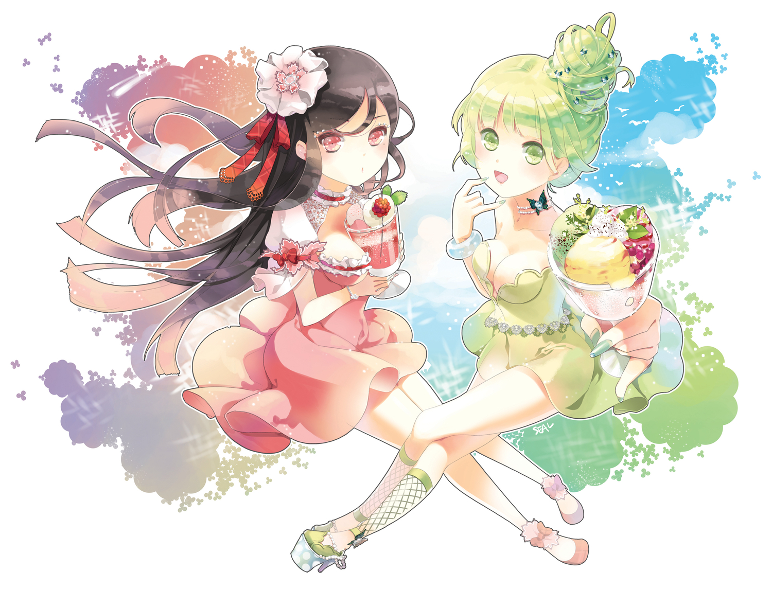 black_hair, dress, food, green_eyes, green_hair, ice_cream, long_hair, original