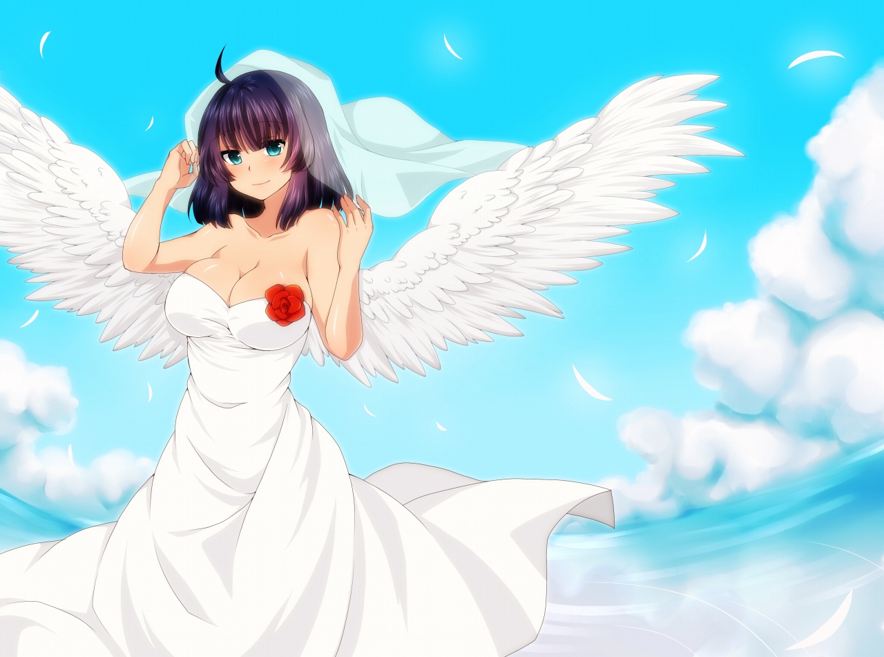 aqua_eyes, breasts, cleavage, clouds, dress, feathers, flowers, jinguu_shion, natsu_hotaru, original, purple_hair, short_hair, water, wedding_attire, wings