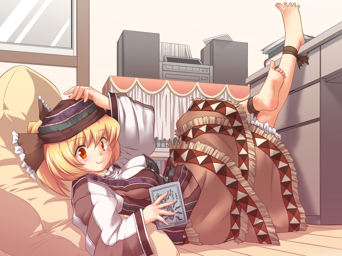 barefoot, blonde_hair, book, bow, brown_eyes, dress, futatsuki_hisame, hat, kurodani_yamame, short_hair, touhou
