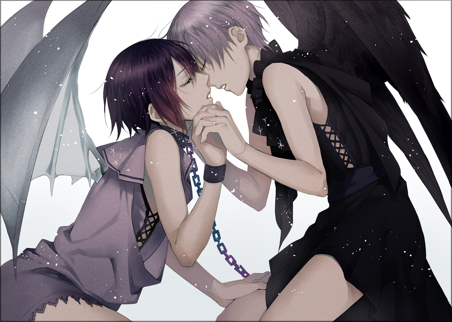 angel, brown_hair, chain, gray_hair, kazari_tayu, original, tagme, wings
