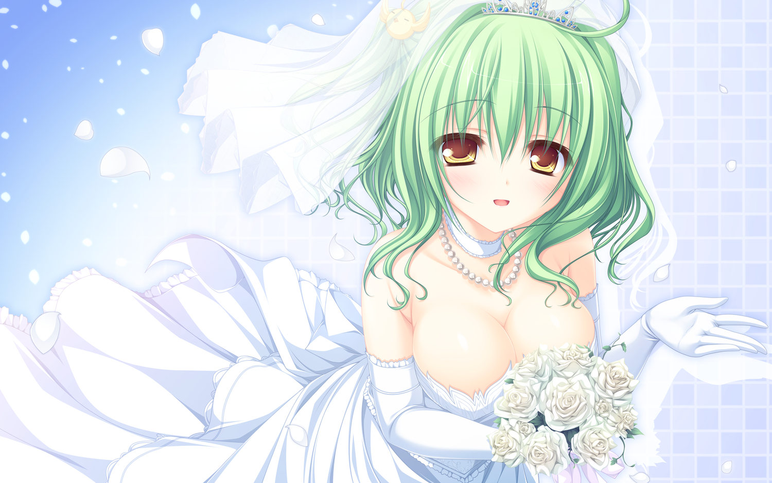 breasts, cleavage, dress, elbow_gloves, flowers, gloves, green_hair, hinohara_tamako, lunaris_filia, mikagami_mamizu, petals, wedding_attire, whirlpool