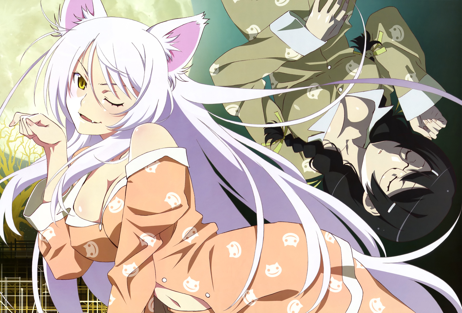 animal_ears, bakemonogatari, breasts, catgirl, cleavage, glasses, hanekawa_tsubasa, monogatari_(series), pajamas, sleeping, sugiyama_nobuhiro