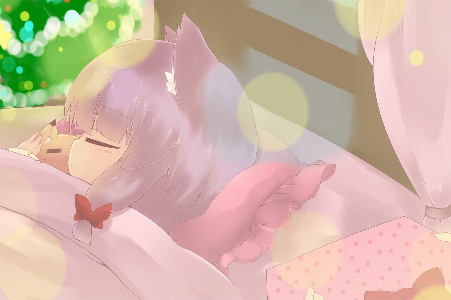 animal_ears, bed, catgirl, christmas, hazuki_ruu, kuzuneko, patchouli_knowledge, sleeping