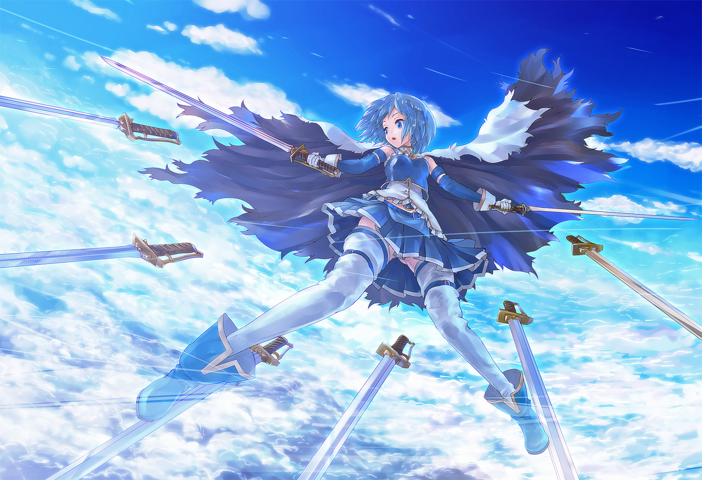 cape, mahou_shoujo_madoka_magica, miki_sayaka, sky, sword, tamago_tomato, weapon
