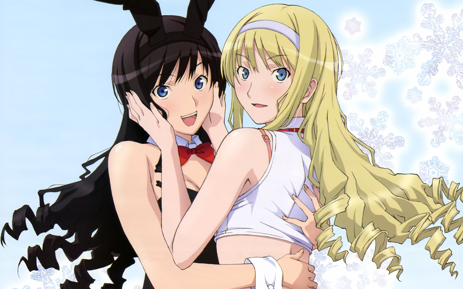 amagami, animal_ears, black_hair, blonde_hair, blue_eyes, bunny_ears, bunnygirl, leotard