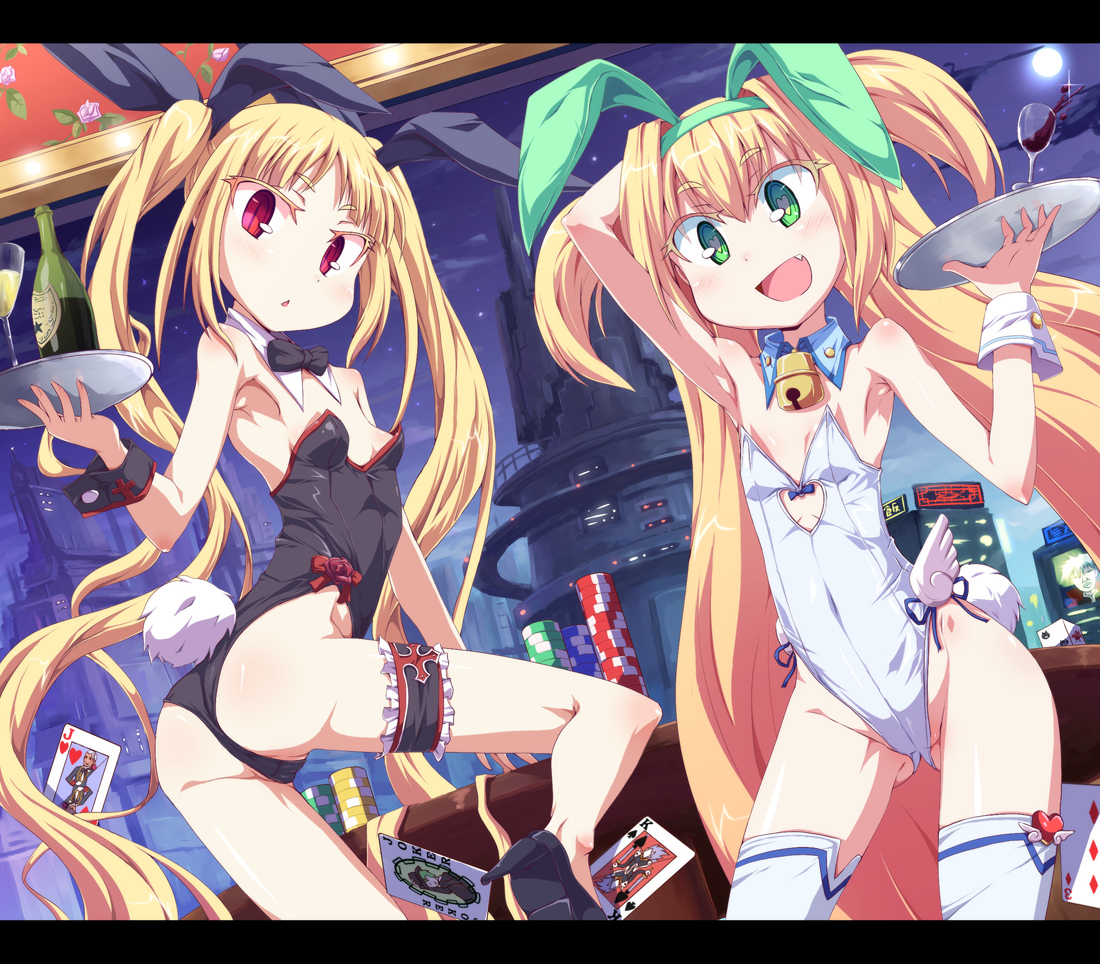 animal_ears, blazblue, blonde_hair, bunny_ears, bunnygirl, green_eyes, leotard, loli, long_hair, platinum_the_trinity, rachel_alucard, red_eyes, toraishi_666, twintails