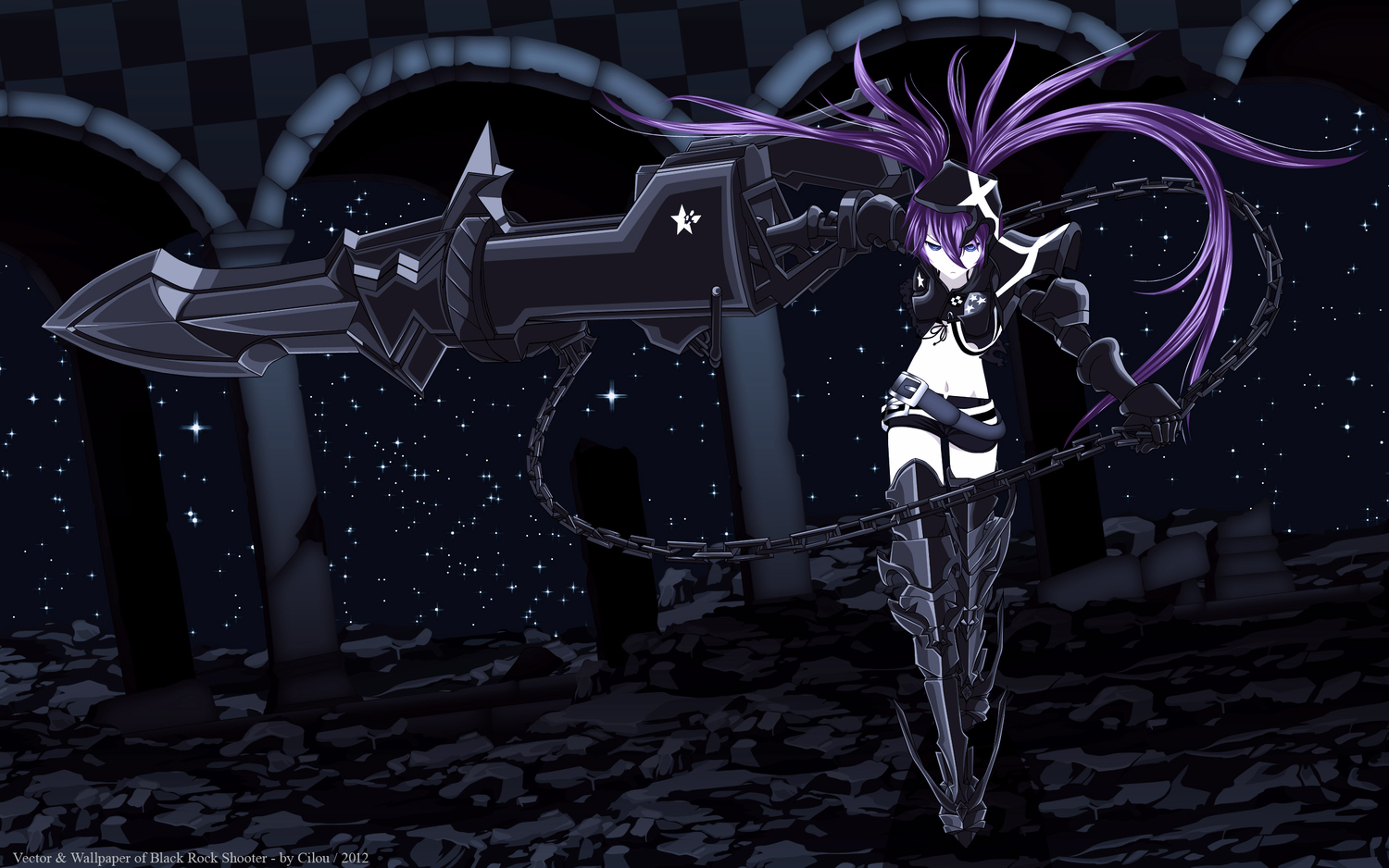 black_hair, black_rock_shooter, blue_eyes, chain, insane_black_rock_shooter, stars, weapon