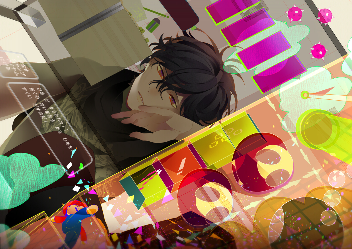 all_male, black_hair, kanamura_ren, male, mario, original, purple_eyes, short_hair