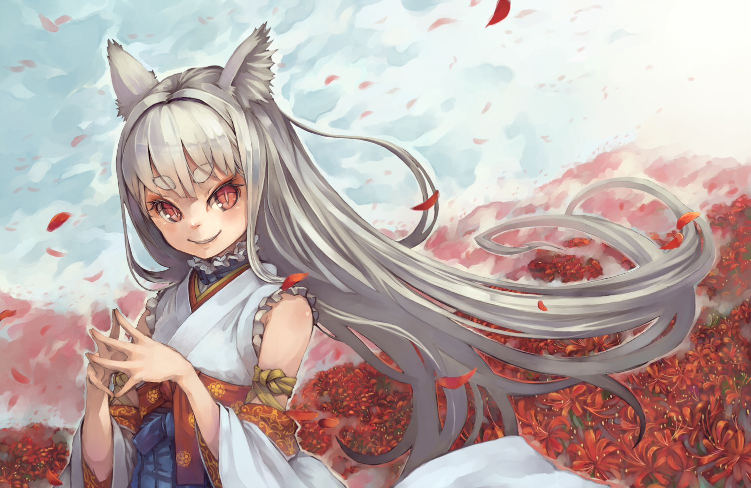 animal_ears, flowers, foxgirl, gray_hair, long_hair, original, petals, red_eyes
