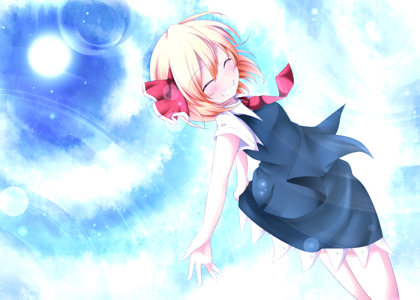 blonde_hair, blush, clouds, kuroyume_(dark495), ribbons, rumia, short_hair, skirt