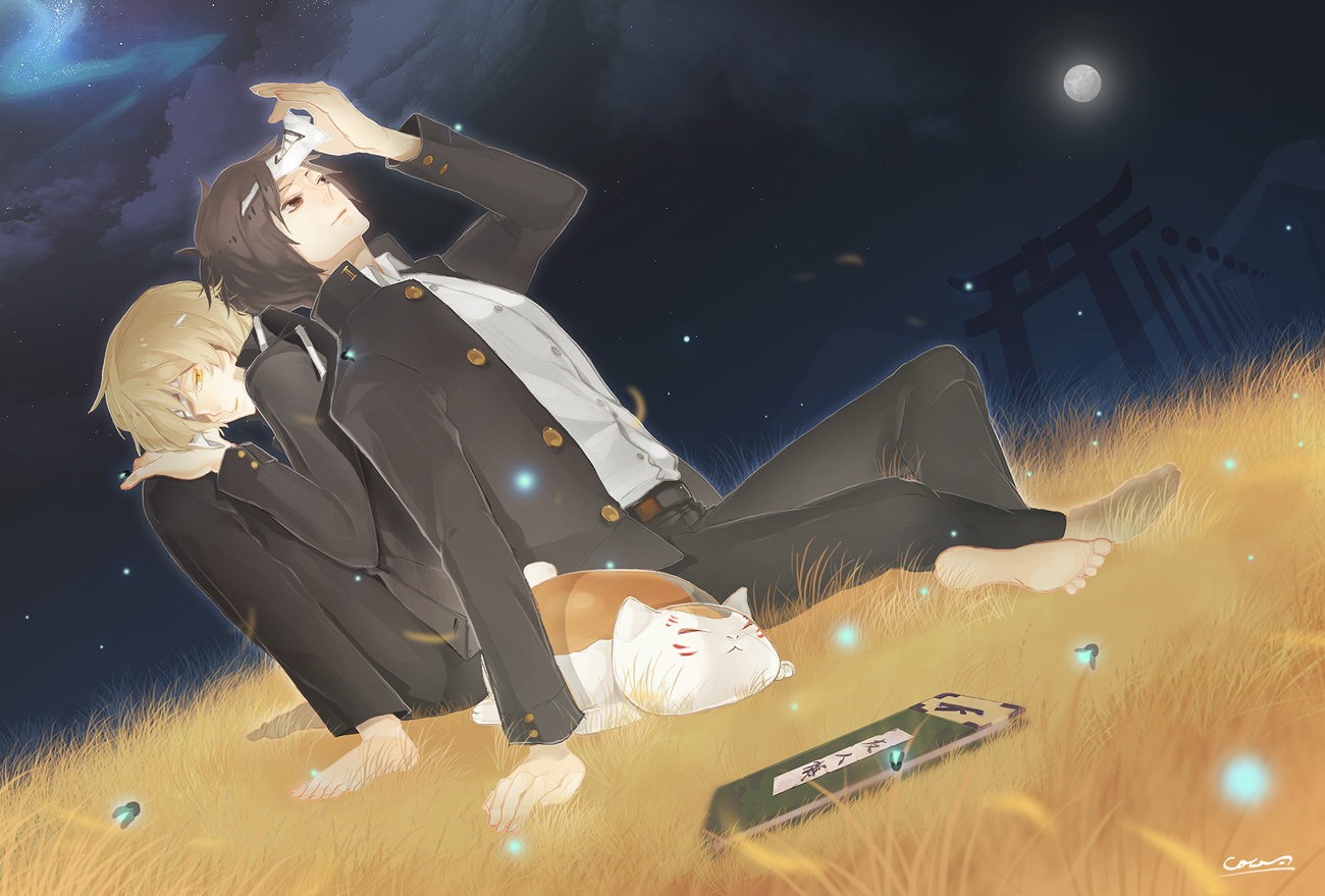 all_male, animal, barefoot, black_hair, blonde_hair, brown_eyes, cat, coln, madara, male, moon, natsume_takashi, natsume_yuujinchou, night, ofuda, school_uniform, sky, stars, tanuma_kaname, torii, yellow_eyes