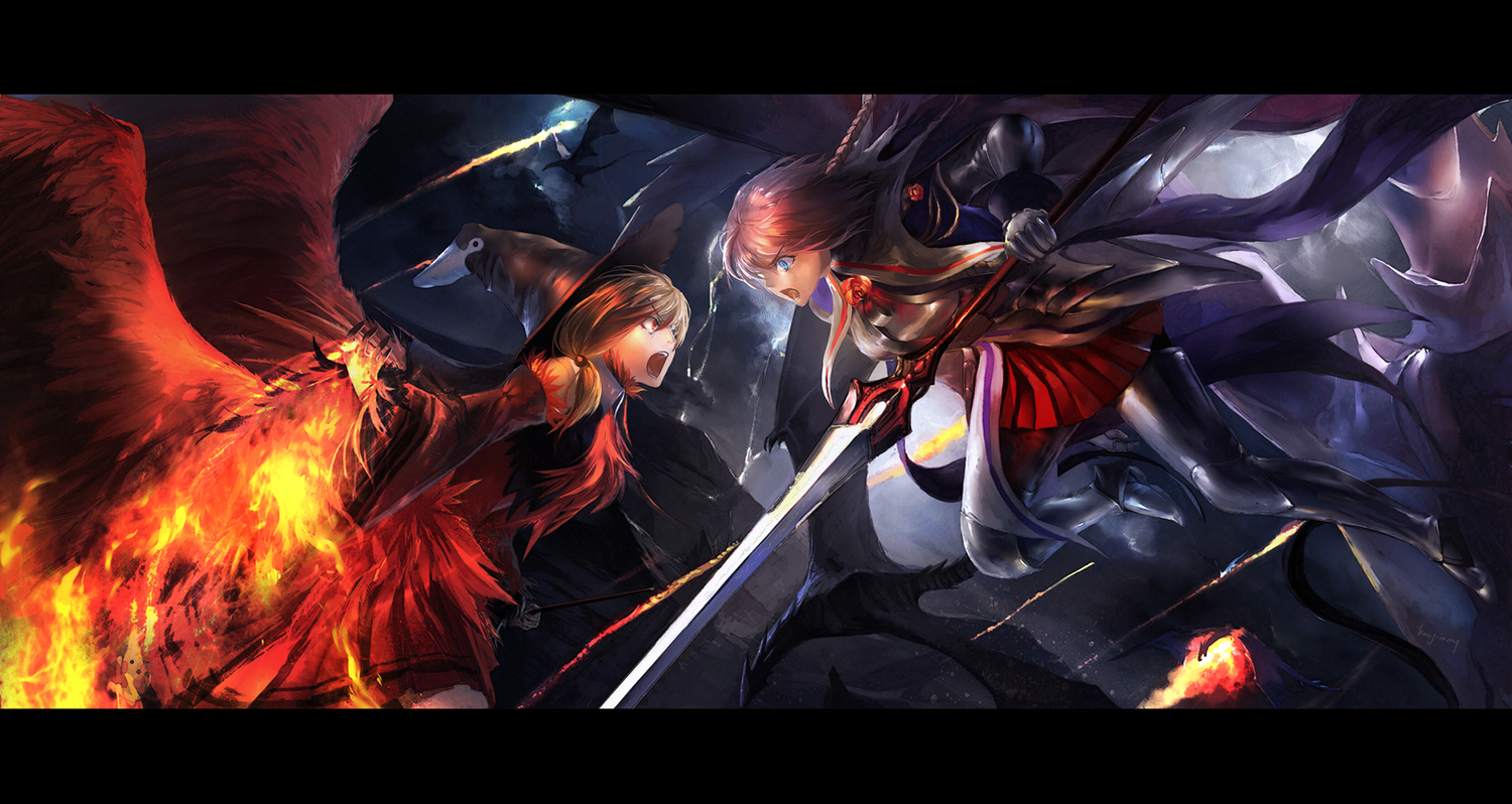 2girls, armor, blonde_hair, blue_eyes, braids, dragon, fire, hat, kzcjimmy, original, pink_hair, pixiv_fantasia, red_eyes, signed, skirt, spear, wand, weapon, wings, witch_hat