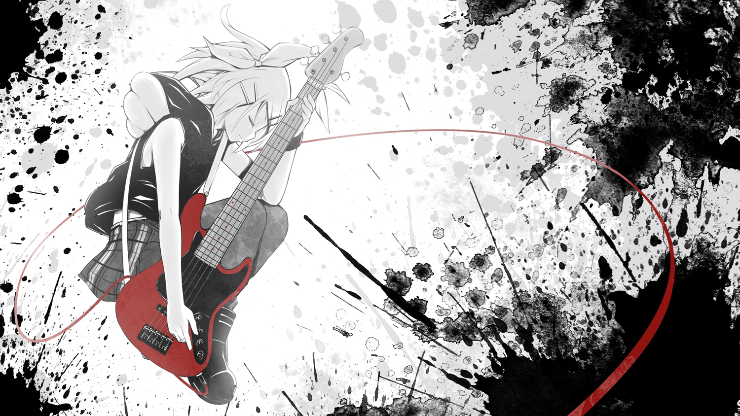 guitar, instrument, kagamine_rin, kintarou_(kintarou's_room), monochrome, vocaloid