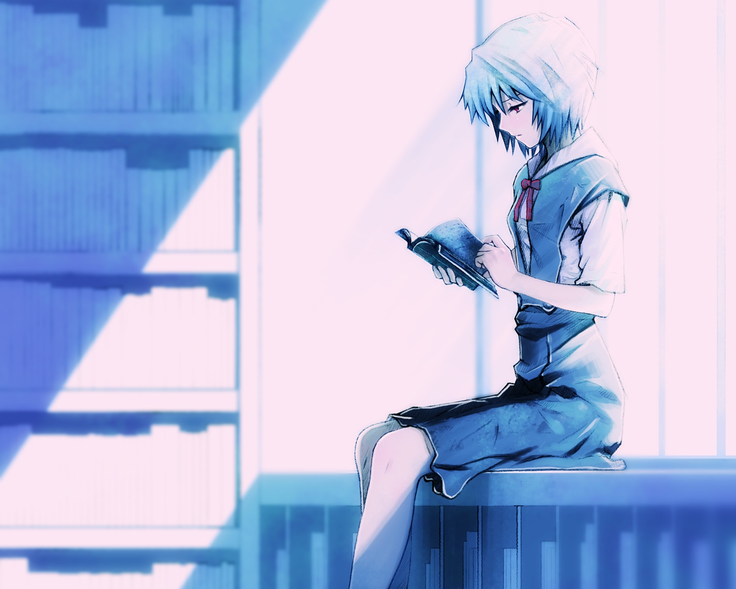 ayanami_rei, blue_hair, book, kobayashi_yuji, neon_genesis_evangelion, school_uniform, short_hair