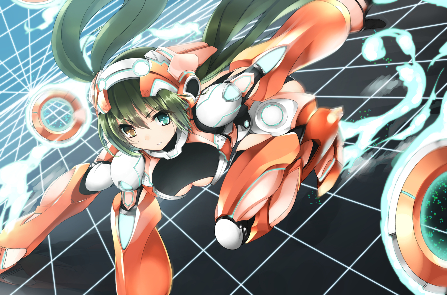 akagi_asahito, armor, bicolored_eyes, breasts, green_hair, long_hair, mechagirl, original, twintails, underboob