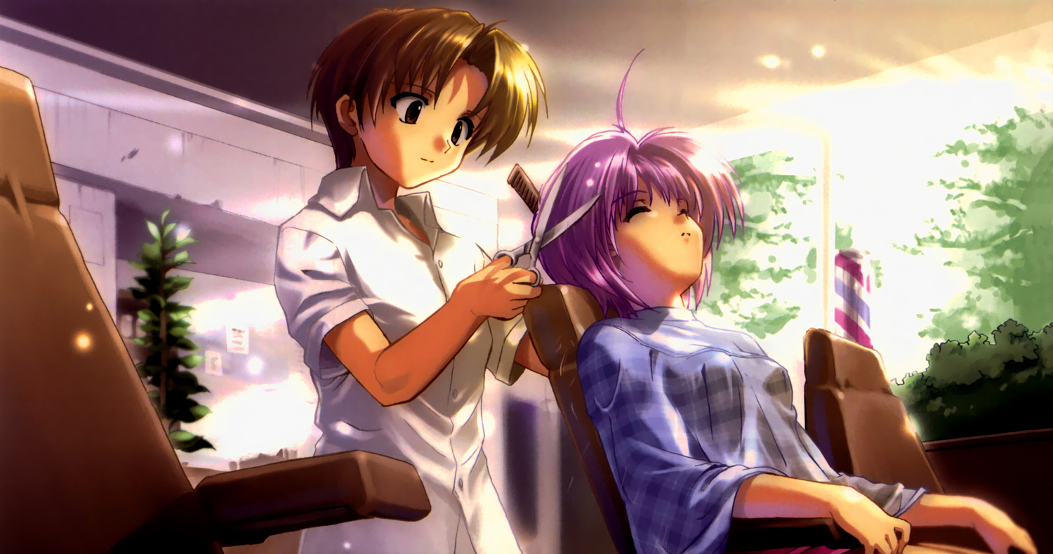 asaba_naoyuki, brown_eyes, brown_hair, iriya_kana, iriya_no_sora_ufo_no_natsu, jpeg_artifacts, komatsu_eiji, purple_hair, third-party_edit
