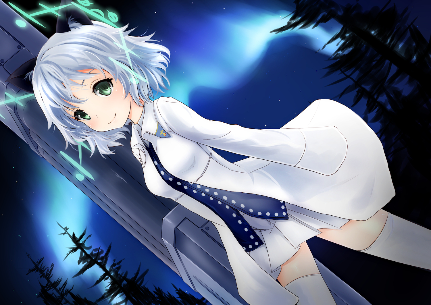 animal_ears, catgirl, gray_hair, green_eyes, mitsukii, night, sanya_v_litvyak, skirt, strike_witches, thighhighs