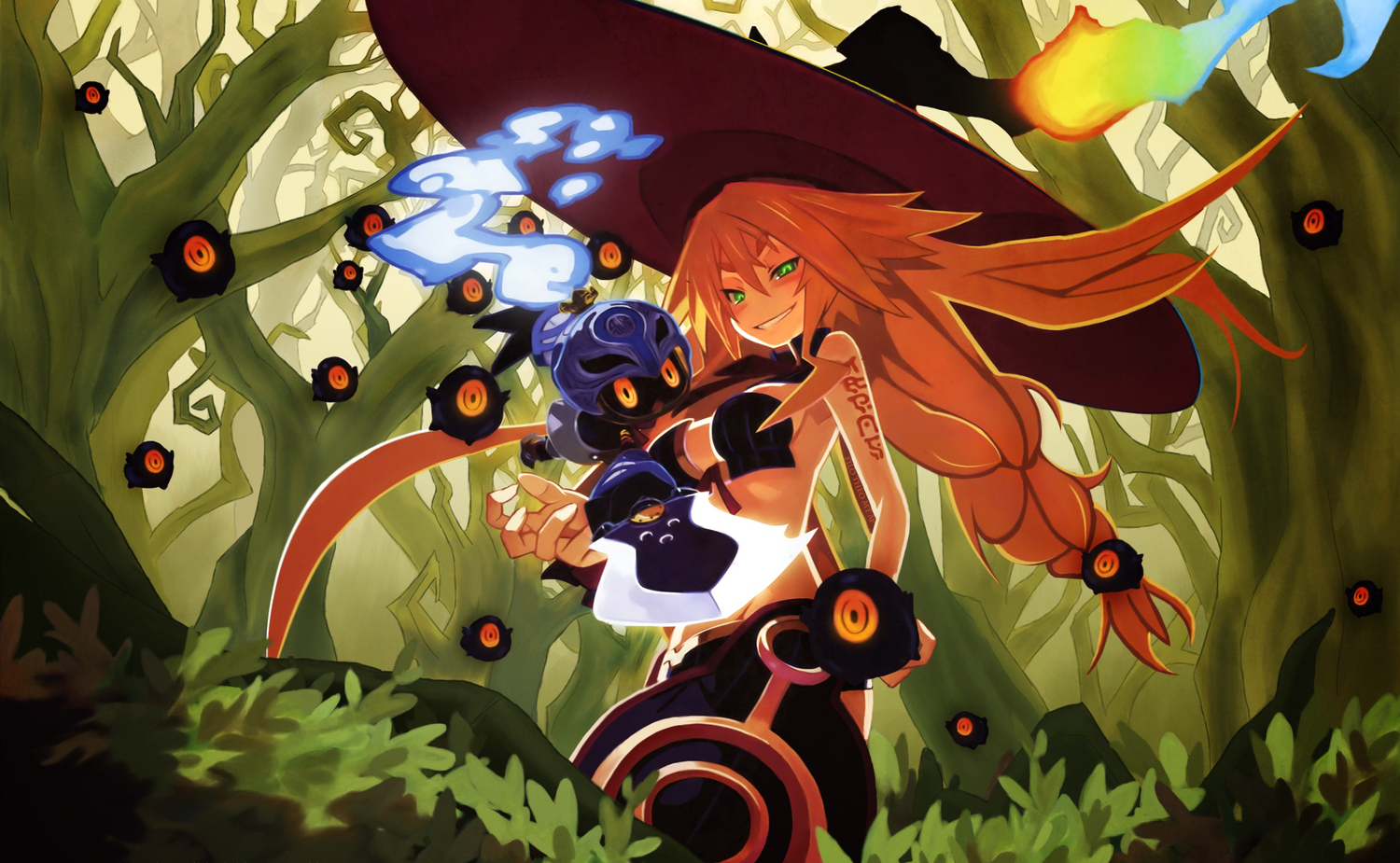 armor, blue, braids, breasts, cleavage, forest, green_eyes, harada_takehito, hat, long_hair, majo_to_hyakkihei, metallica, nippon_ichi, orange_eyes, orange_hair, sword, tattoo, tree, weapon, witch