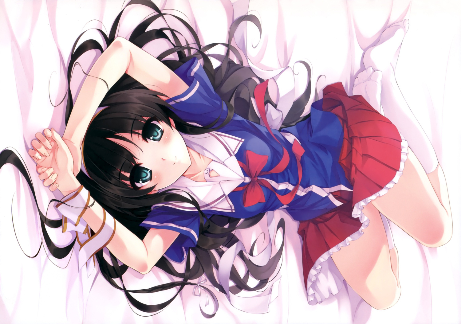 aqua_eyes, black_hair, bow, dengeki_moeoh, favorite, headband, irotoridori_no_sekai, kisaragi_mio, long_hair, misaki_kurehito, scan, school_uniform, skirt, socks