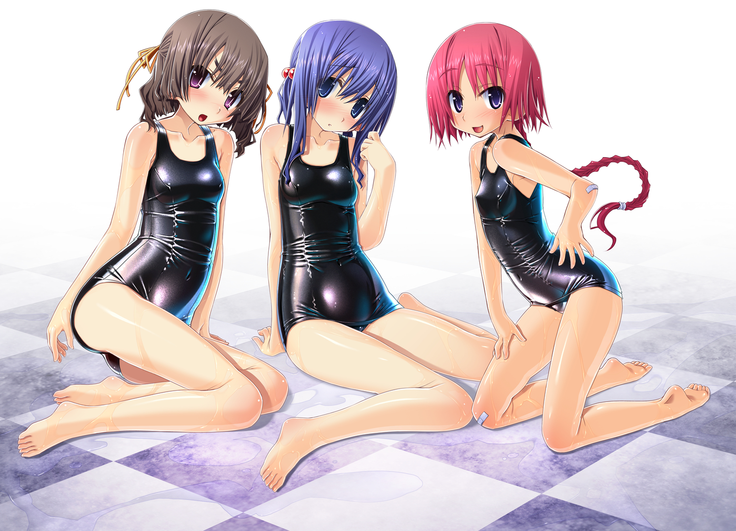 bandaid, barefoot, blue_eyes, blue_hair, blush, braids, pink_hair, purple_eyes