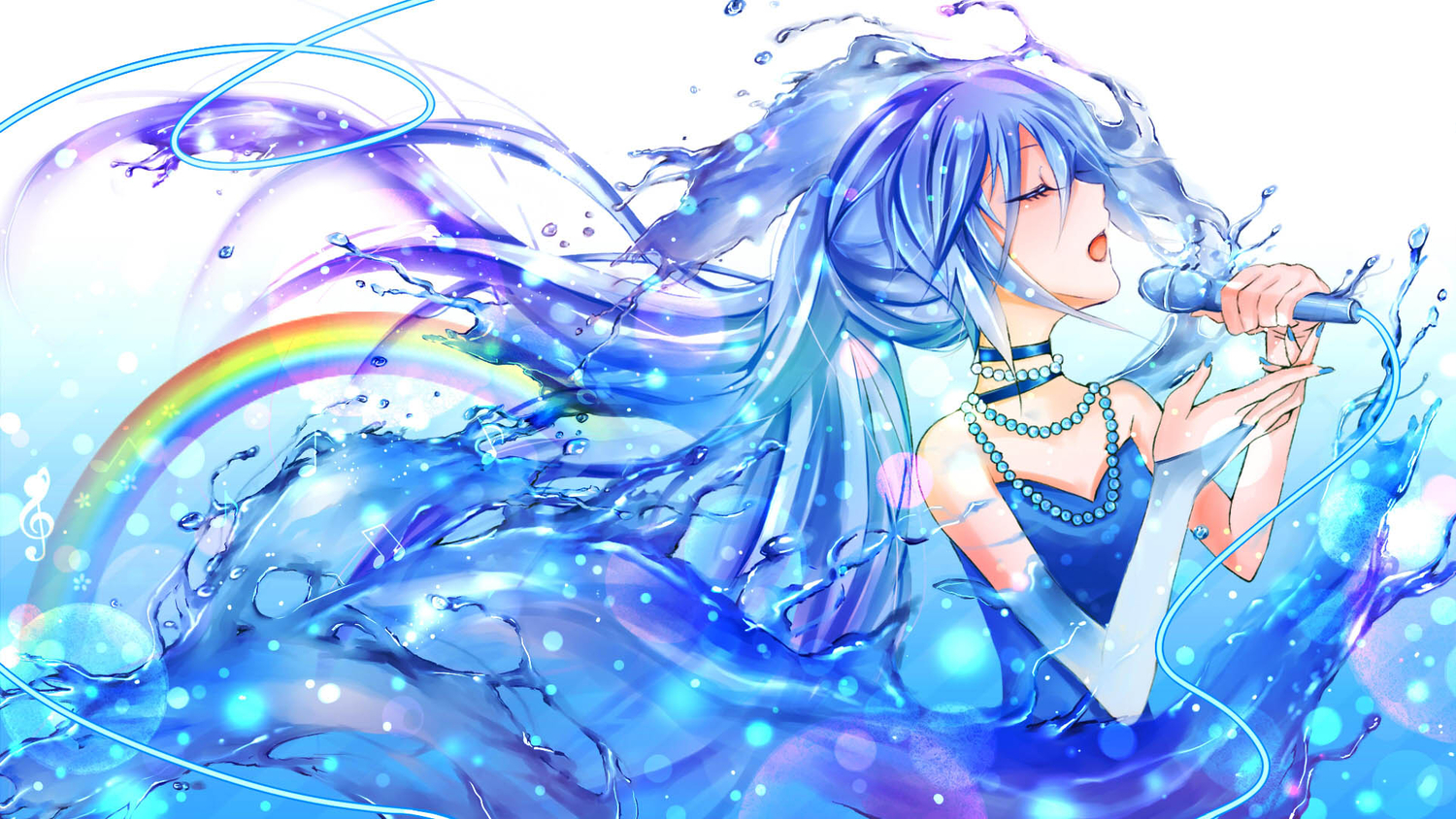 blue_hair, chaperu_(mukuone), hatsune_miku, jpeg_artifacts, microphone, rainbow, vocaloid, water