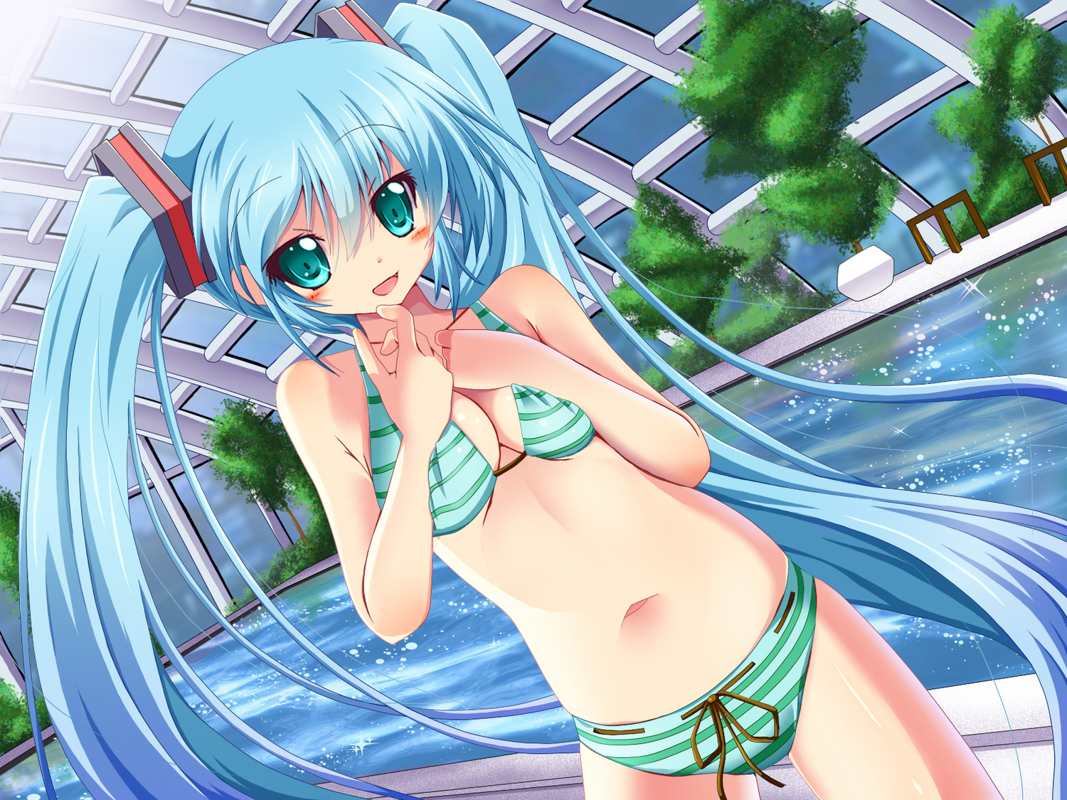 bikini, blue_hair, breasts, cleavage, hatsune_miku, long_hair, rankiryuu, swimsuit