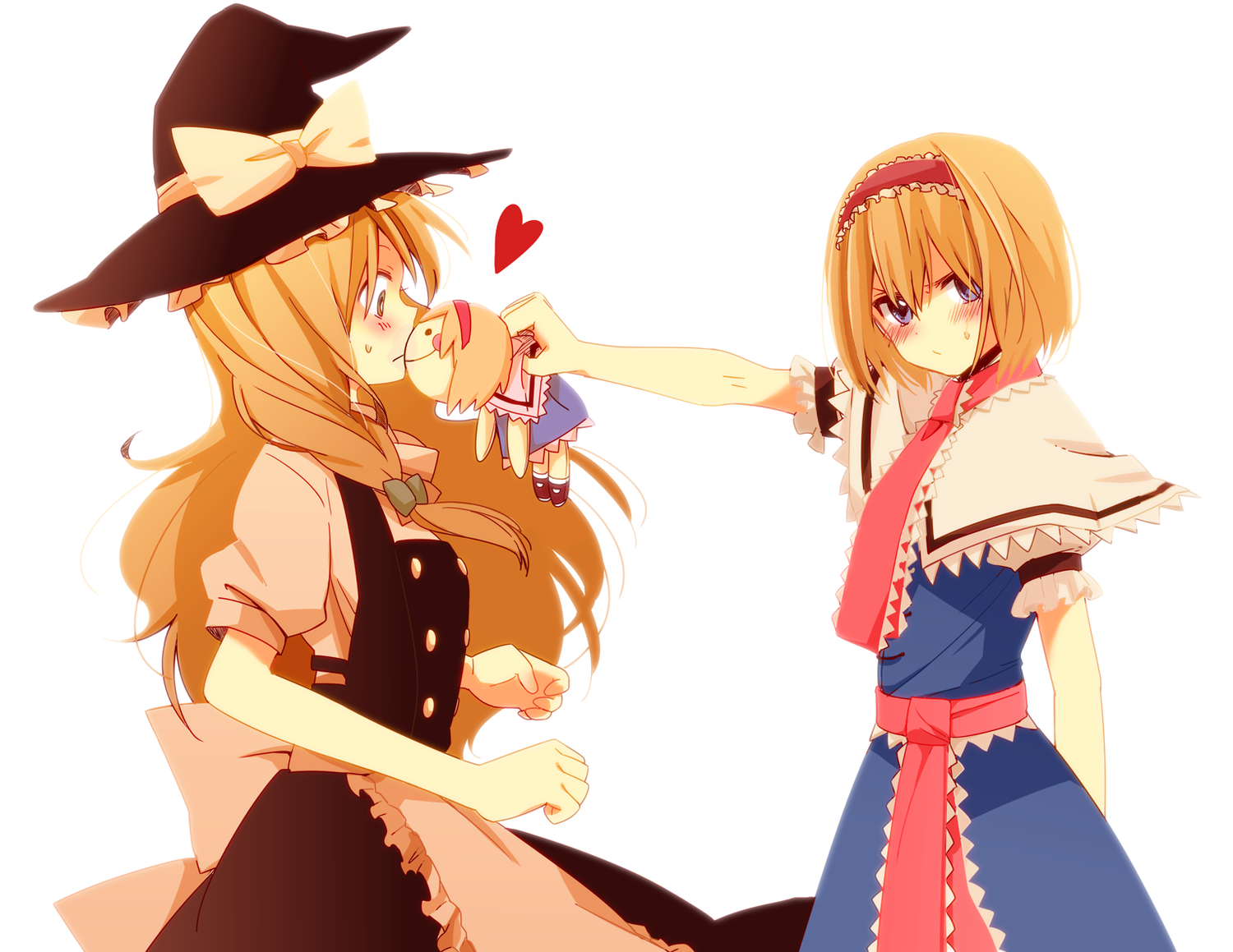 alice_margatroid, blush, doll, heart, kirisame_marisa, kiss, shoujo_ai, touhou, witch, yamada_(onigori105)