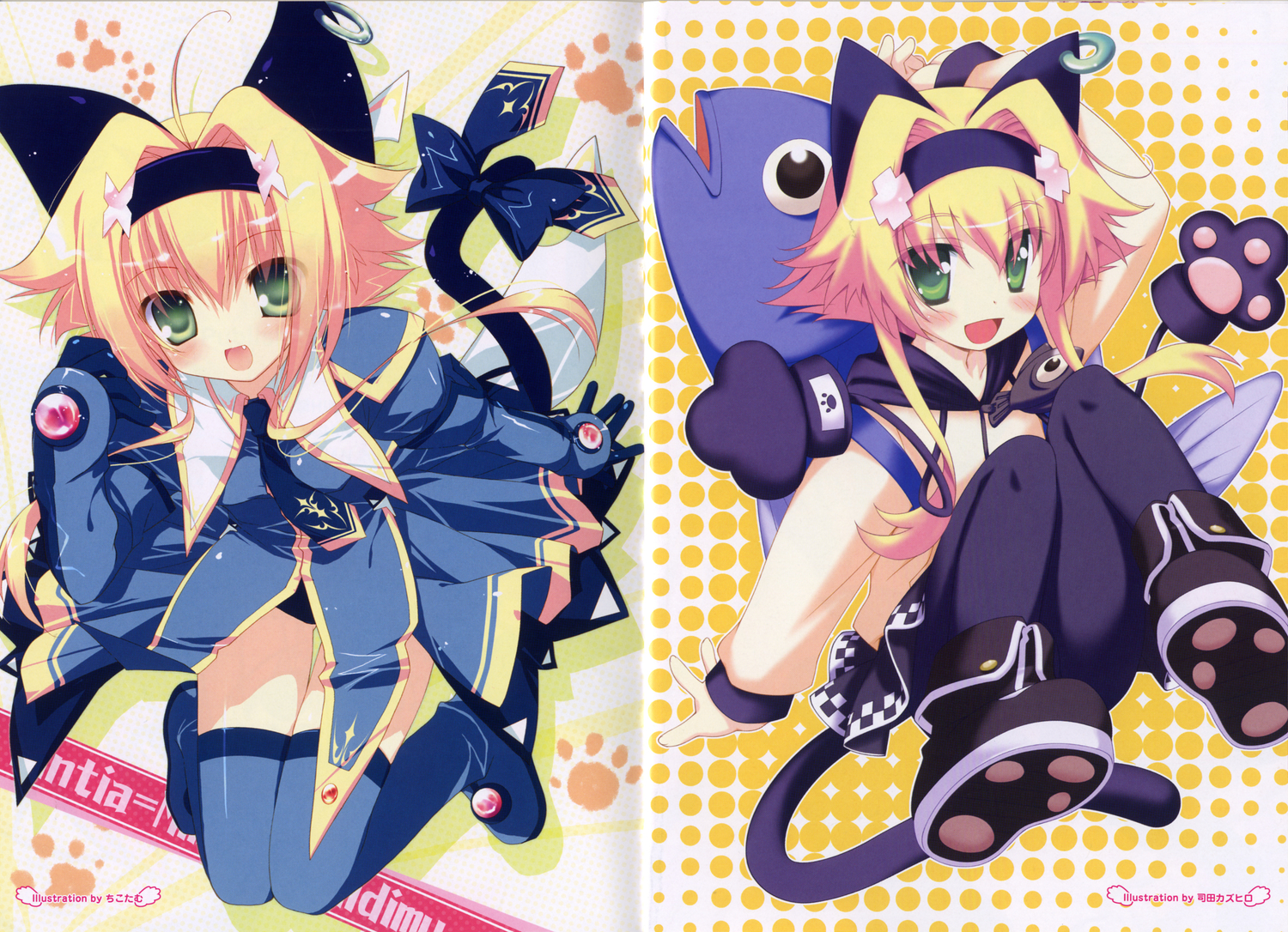 animal_ears, blonde_hair, catgirl, chikotam, green_eyes, mintia_mimitte_midimu, primary_~magical_trouble_scramble~, scan, shida_kazuhiro, short_hair, skyfish, tagme, tail, thighhighs