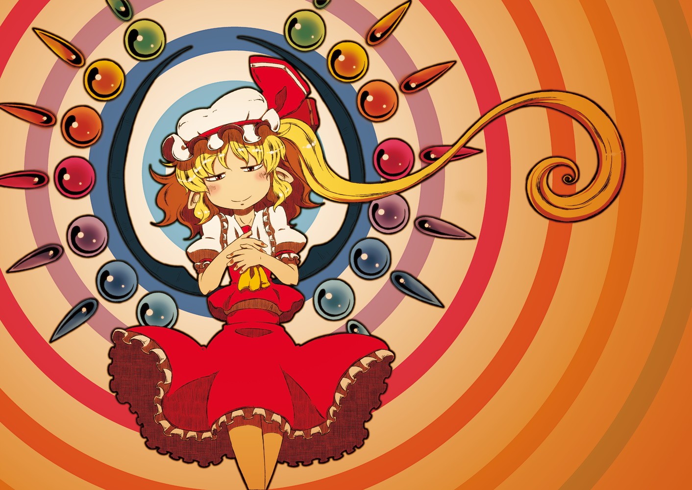 blonde_hair, dress, flandre_scarlet, orange, ponytail, red_eyes, short_hair, sonson_(eleven)