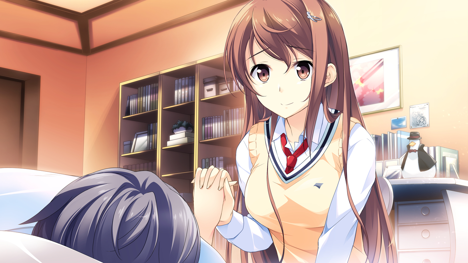brown_hair, game_cg, kono_oozora_ni_tsubasa_wo_hirogete, long_hair, mochizuki_amane, school_uniform