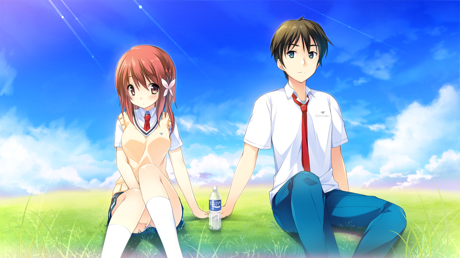 blush, drink, game_cg, grass, himegi_ageha, kneehighs, kono_oozora_ni_tsubasa_wo_hirogete, landscape