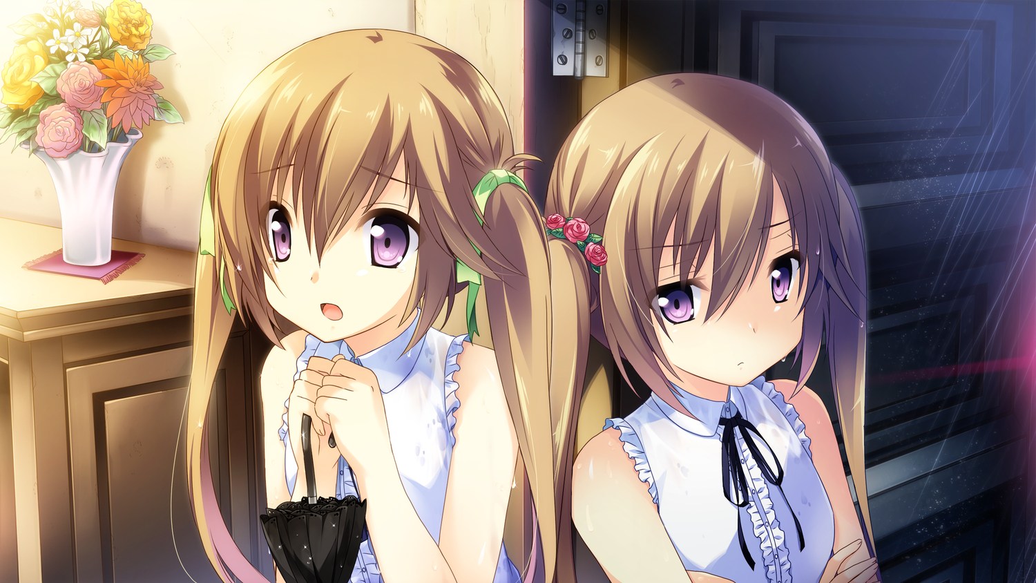 2girls, brown_hair, flowers, game_cg, kazato_asa, kazato_yoru, kono_oozora_ni_tsubasa_wo_hirogete, long_hair, purple_eyes, ribbons, twins, twintails, umbrella, wet, yashima_takahiro