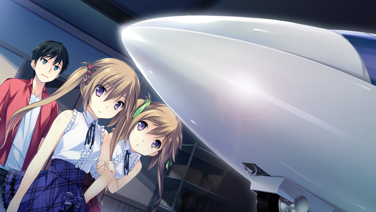 aircraft, blue_eyes, brown_hair, game_cg, kazato_asa, kazato_yoru, kono_oozora_ni_tsubasa_wo_hirogete, long_hair
